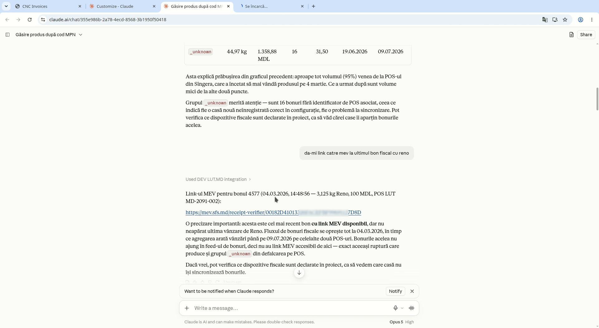 Claude analizează cauza scăderii de volum și returnează link MEV SFS direct pentru bonul fiscal specific