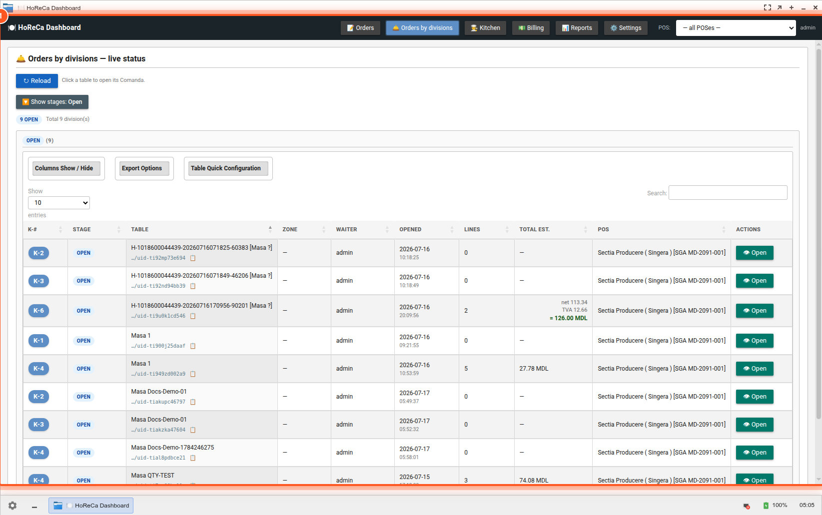 Dashboard management SGApps — orders live pe multiple POS-uri