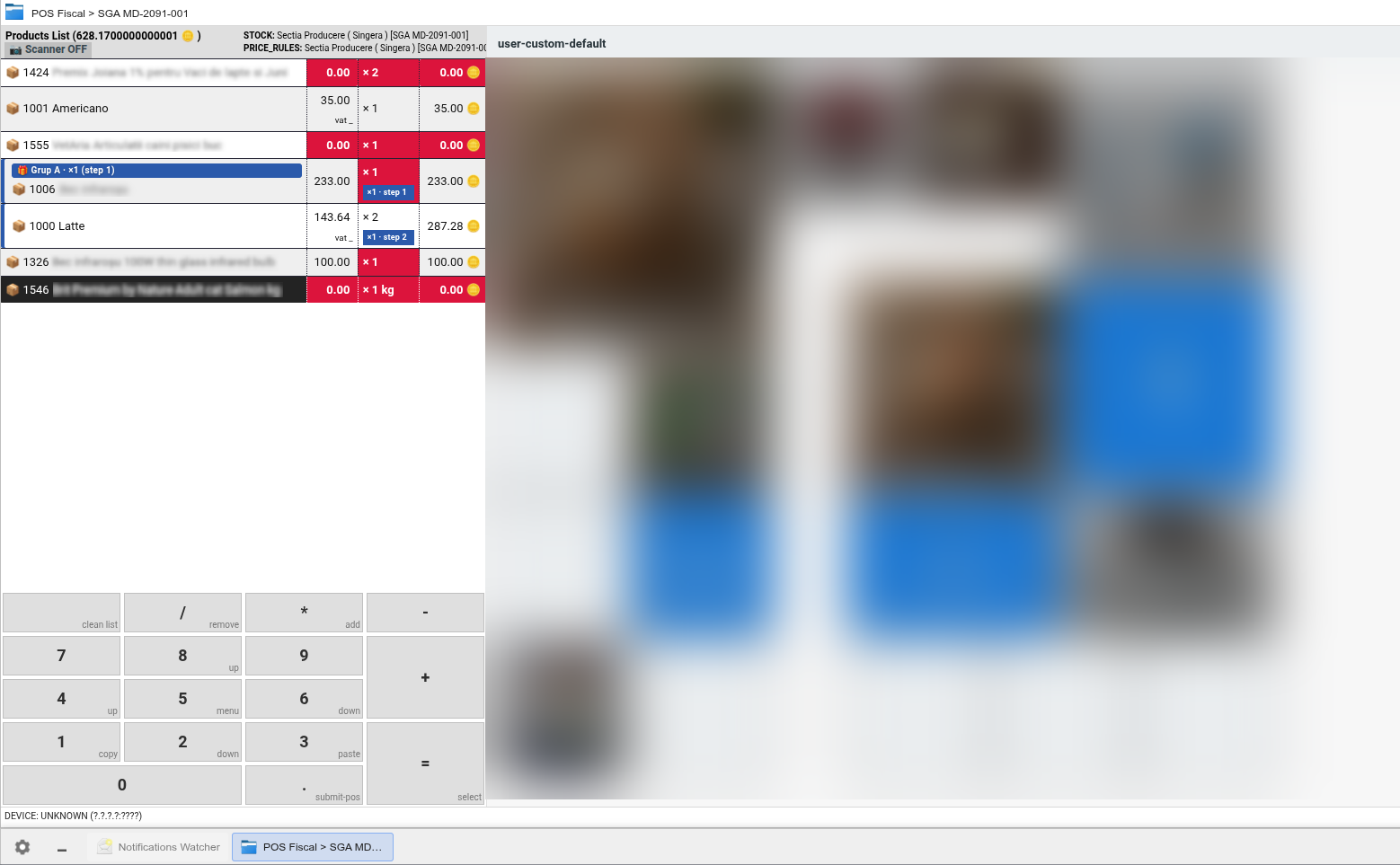 POS Fiscal SGApps — coș cu produse și tastatură numerică; grid touchscreen cu tile-uri de produse configurabile